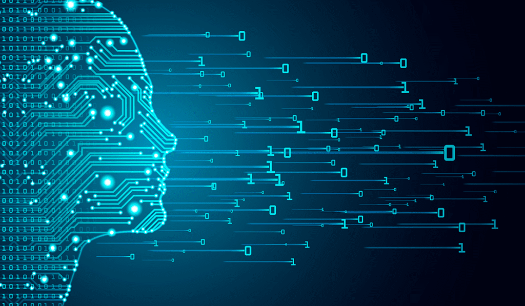 The shape of a human head in zeros and ones